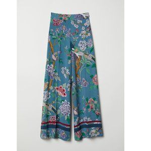 Wide leg floral and bird pattern pants